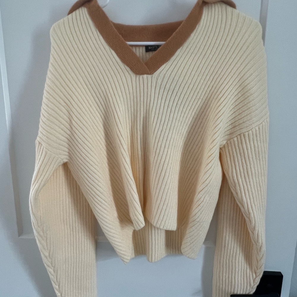 Nasty Gal Cream and Tan V-Neck Sweater